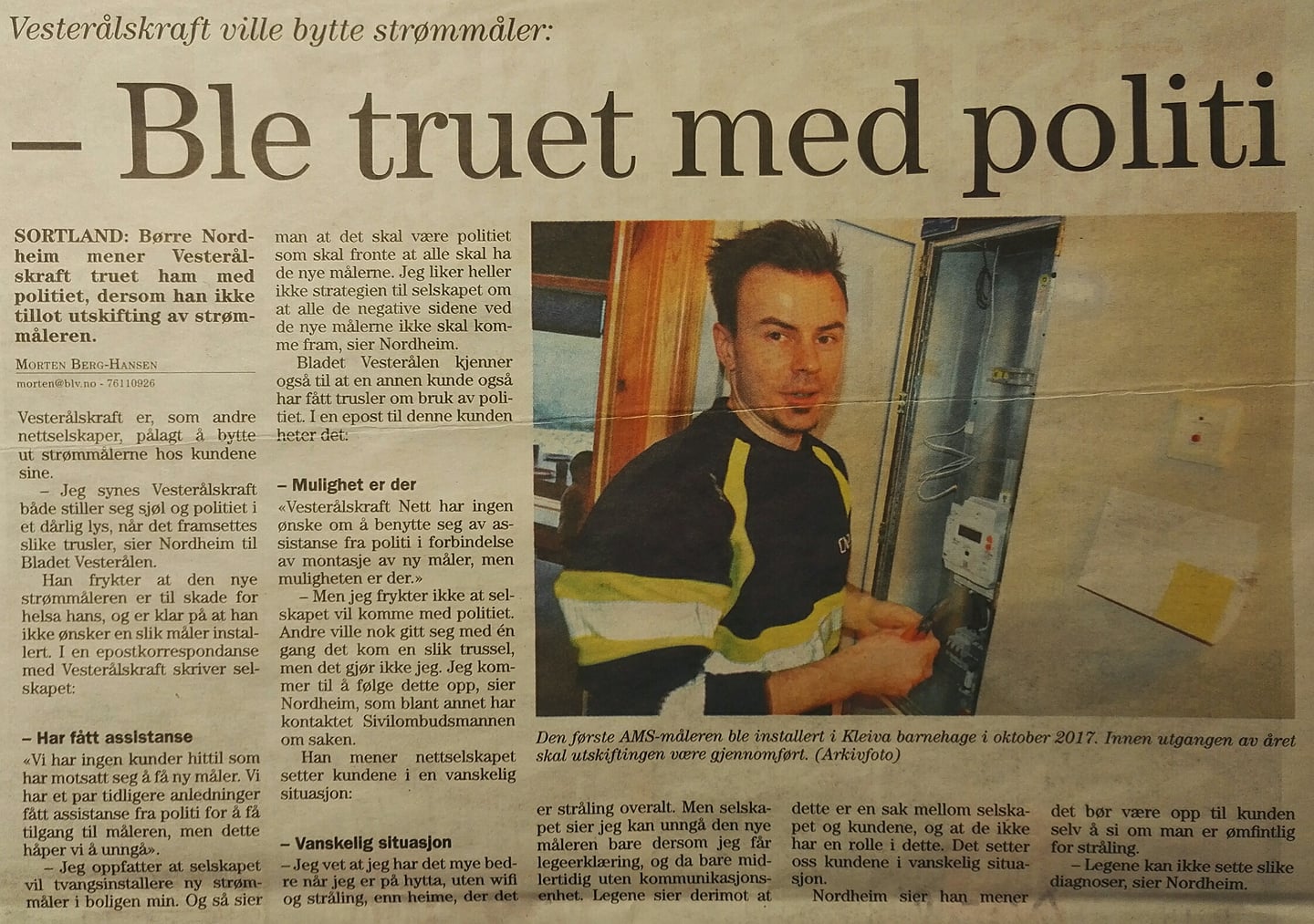 Vesterålskraft truet i epost Børre Nordheim med å ta i bruk politi for å påtvinge ham "smart" strømmåler.